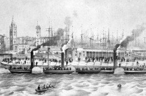 An engraving of the Georges Landing Stage in 1855
